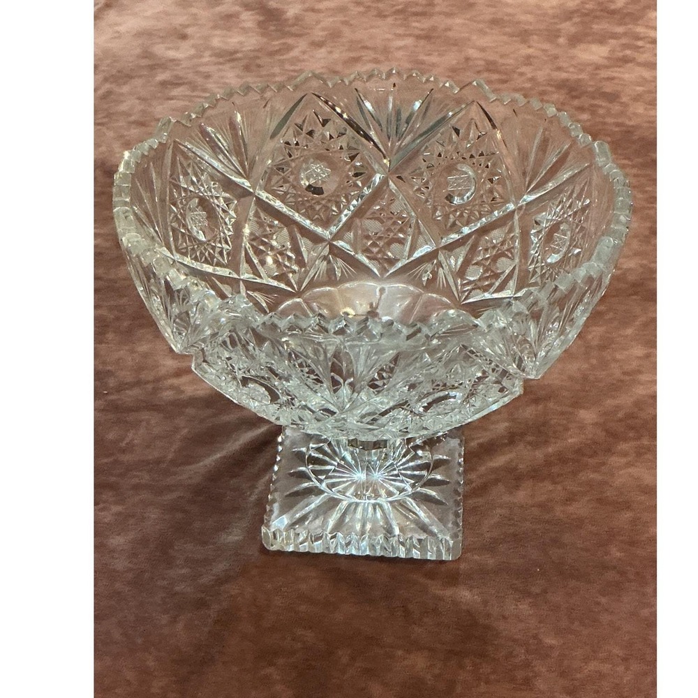 Vintage Cut Glass Pedestal Bowl Pinwheel Diamond Pattern Scalloped crystal